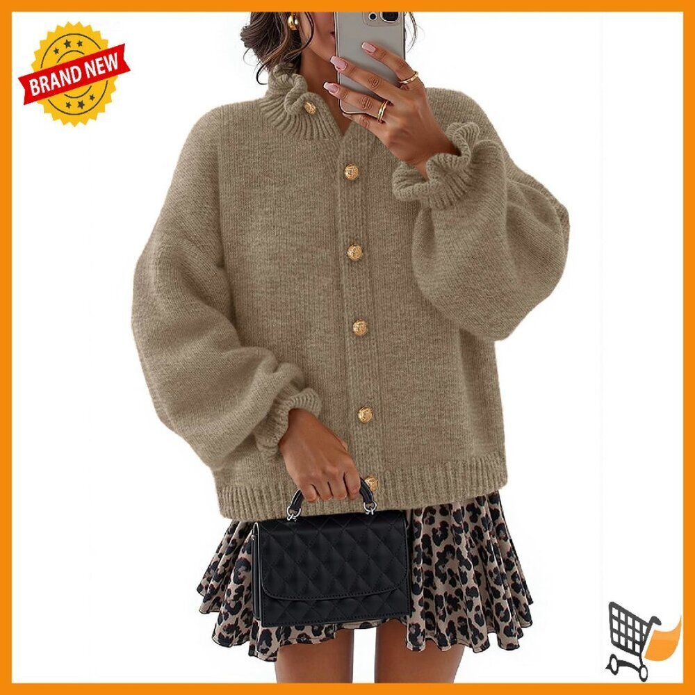 Chunky Knit Cardigan Ruffle Neck Drop Shoulder Loose Fit Winter Sweater